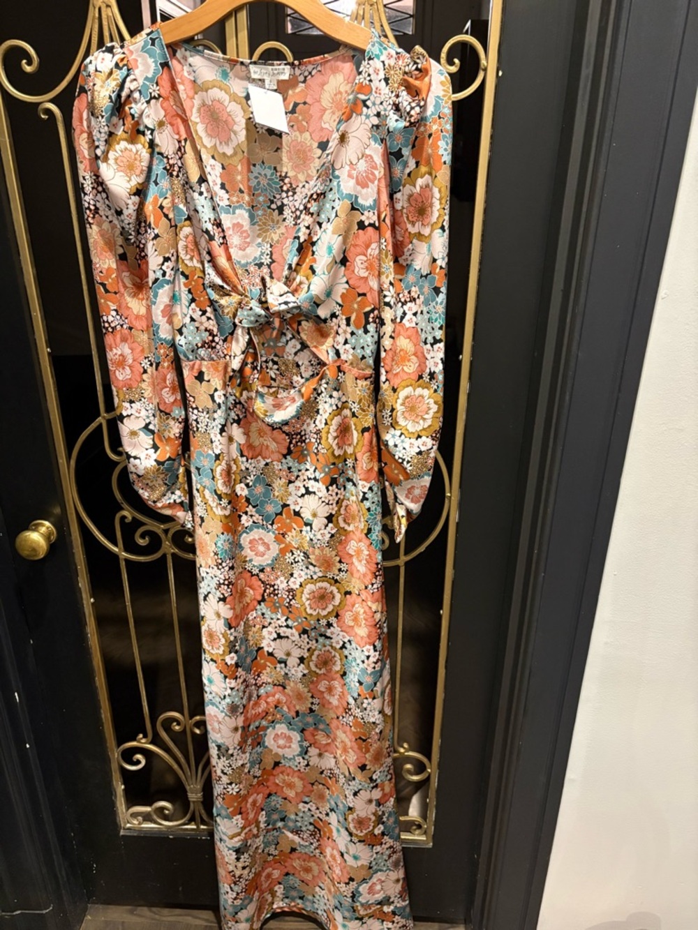 For Love & Lemons Peach s Aqua Floral Tie-Front Maxi Dress key hole puff sleeve - Picture 2 of 10